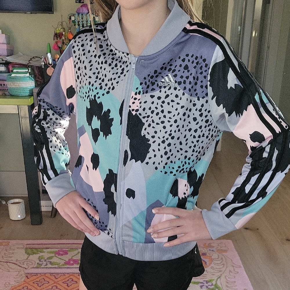Adidas Kids' Pastel Camo Jean-Style Jacket in Pink, Aqua & Black